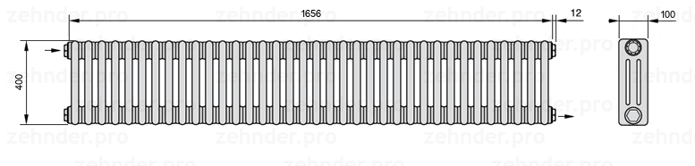 Схема (чертеж) Радиатор Zehnder Charleston 3040/36 №1670 Белый глянцевый RAL 9016